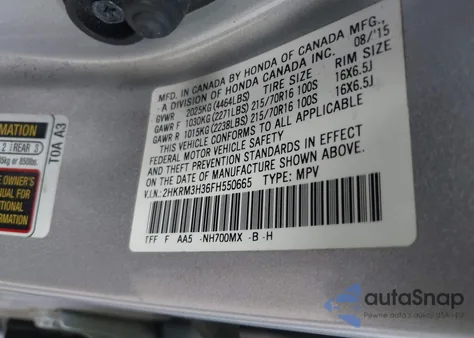 2015 Honda Cr-V Lx из США, поврежденный, VIN 2HKRM3H36FH550665